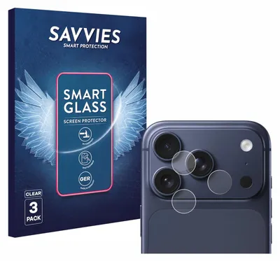 A product shot showing the packaging for Savvies screen protectors and a close-up of the protectors applied to a phone's camera lenses.
