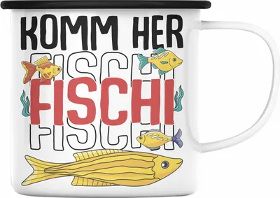 Produktbild von Trendation - Angler Fischer Emaille Tasse zum Angeln Komm Herr Fischi Geboren Geschenk Hobbyangler Angeln Emaille Emaille Tasse Zubehör (Schwarz)