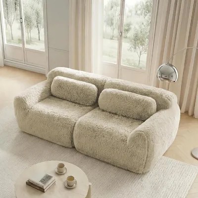 Produktbild von MODFU Zweisitzer Ecksofa,Modulares Sofa mit Geschwungene,ohhne Ottoman,Relaxsofa mit Rutschfester Boden & Kissen,Plüschstoff,Hellkhaki