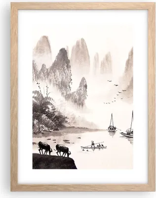 Produktbild von Gerahmtes Poster - Rahmen in heller Eiche - Chinesisch Landschaft Aquarell - 30x40 cm - Wand Bild - Wanddeko - Wandbilder - Wandposter - Bilderrahmen - Bilder - Kunstdruck - Wandbild - P2NPA30x40-4265