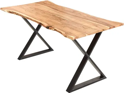 Produktbild von Esstisch 160x85cm Marbella, echte Baumkante, Akazienholz naturfarben + massiv, Baumkantentisch mit geschlossenem X-Metallgestell Schwarz, Esszimmertisch