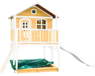 Produktbild von AXI Spielhaus Marc mit Sandkasten & weißer Rutsche | Stelzenhaus in Braun & Weiß aus Holz für Kinder | Spielturm mit Wellenrutsche für den Garten