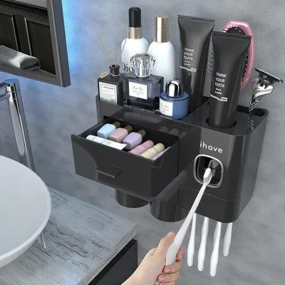 Produktbild von Zahnpastadispenser mit 2 Zahncremedosen, Wandhalter mit viel Platz für Zahnpasta.