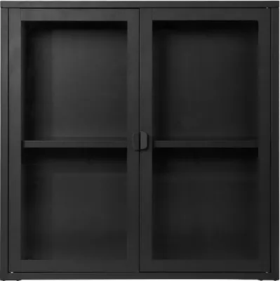 A black display cabinet with glass doors.