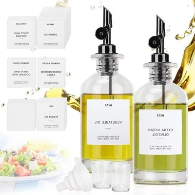 Obrázok produktu pre Sklenená nádoba na olej 2 x 350 ml so 40 štítkami do kuchyne – na olivový olej, med, šalát, grilovanie – sivá