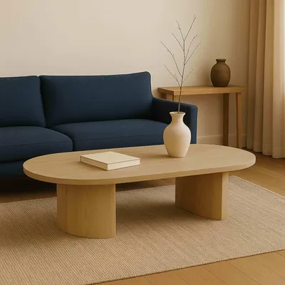 Image de Table basse ovale 120 cm moderne effet bois clair - Oviala Trinity