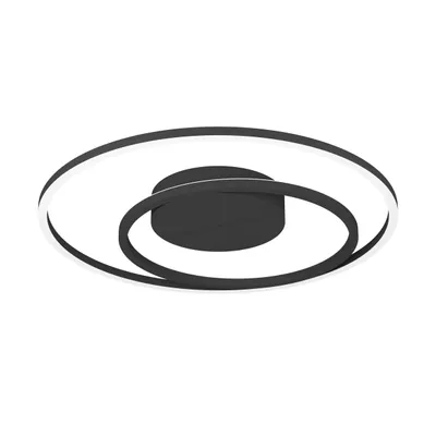 A modern black ceiling light with a swirling design and integrated LED lighting.