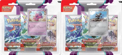 Two blister packs of Pokemon trading cards, each containing booster packs and a promotional card.