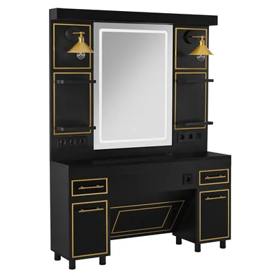 Produktbild von Schminktisch mit Spiegel, Bedienungsplatz mit 2 Schränken, Spiegelschrank aus Holz, Spiegeltisch， Modern 3161 (Schwarz-Gold)