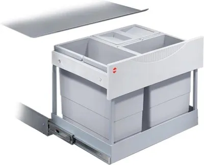 Image de Poubelle pour armoires de 600 mm de large avec tige rotative - Système de tri des déchets à 3 compartiments
