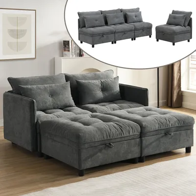 Produktbild von Merax Modulares 4-Sitzer Sofa mit Stauraum, Chenille Schlafsofa, frei kombinierbare Wohnlandschaft mit Schlaffunktion, Grau