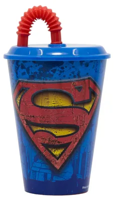 Produktbild von Superman Kinder Trinkbecher Mehrweg mit Deckel und Trinkhalm 430 ml BPA frei