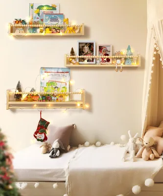 Produktbild von Famanu Wandregal Kinderzimmer 60 cm - Set von 3 schwebenden Regalen - Holzperlen-Design
