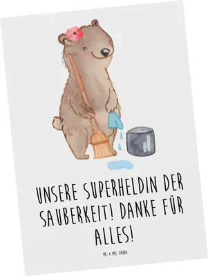 Produktbild von Mr. & Mrs. Panda Postkarte Putzfrau Superheldin - Weiß - Geschenk, Wertschätzung, Aufmerksamkeit, Anerkennung, Dankesgeschenk, Postkarten, Ansichtskarten, Grußkarte