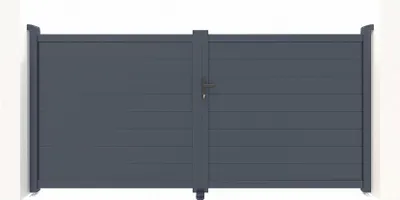 A front view of a closed, dark gray aluminum double gate.