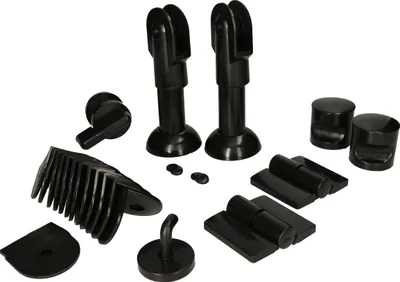 A collection of black plastic hardware components for toilet or changing room cabins.