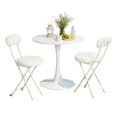 Image de Ensemble de table et chaises "Cosy" de style scandinave, comprenant une table ronde blanche et quatre chaises pliantes grises