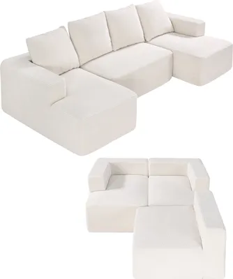 Two views of a modular U-shaped sofa.