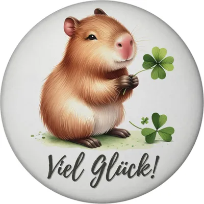 Produktbild von Capybara mit Kleeblatt Magnet mit Flaschenöffner rund mit Spruch Viel Glück