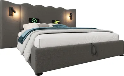 Produktbild von Polsterbett 180x200cm Ohne Matratze Grau Leinen Mit LED USB Type-C Stauraumbett Massivholz Metall Leselampe