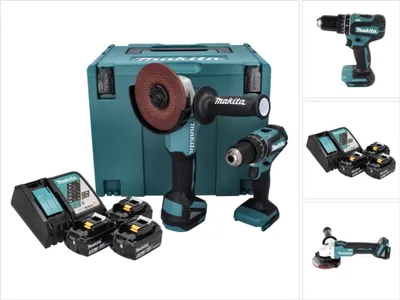 A collage of images showing a Makita tool kit with a drill, angle grinder, batteries, charger, and case.