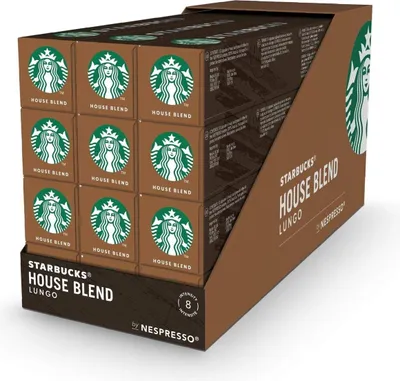 A display box of Starbucks House Blend Lungo coffee capsules for Nespresso.