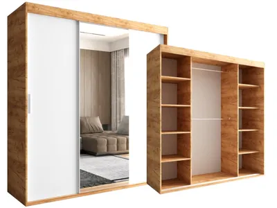 Produktbild von Schiebeschrank 180 CM Hellbraun Craft und Weiß 3-türig mit Spiegel OTARIO