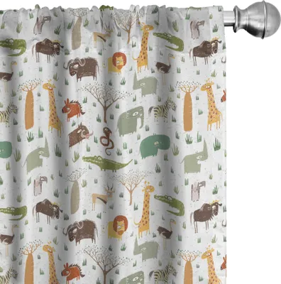 Image de ABAKUHAUS Rideaux et voilages à motifs d'animaux de dessins animés, thème enfance safari, motifs faune sauvage amusants, 2 pièces 75 x 225 cm, multicolore