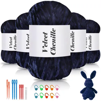 Image de Fil chenille, 500g (5 pelotes de 100g), bleu foncé, pour tricoter et crocheter