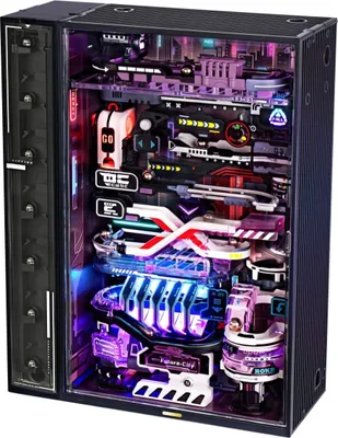 A detailed view of a complex, futuristic-looking computer case or model, filled with intricate components and colorful LED lighting.