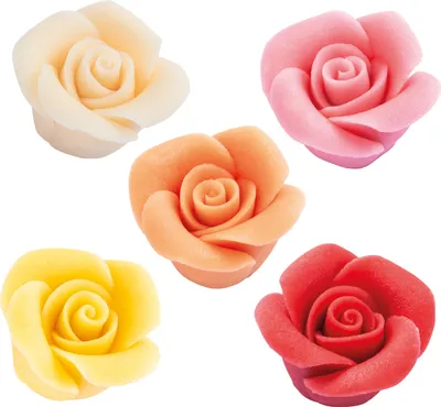 Produktbild von 36 Stück Marzipan Rosen groß, Größe 37 x 24 mm, rot, rosa, gelb, weiss, orange