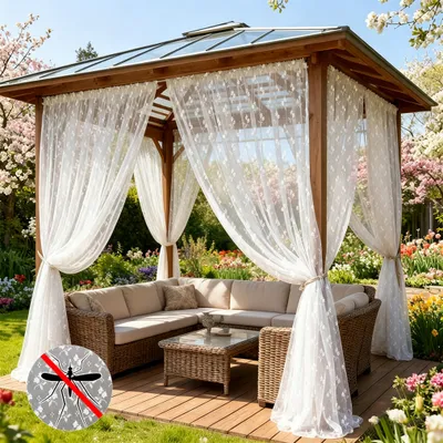 Immagine prodotto di 2x Zanzariera da esterno con motivo floreale, tenda anti-insetti, zanzariera per gazebo, rete trasparente 30 g/m², protezione solare per terrazza e balcone, bianca, 157x215 cm
