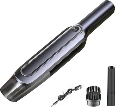 A cordless handheld vacuum cleaner with accessories on a white background.