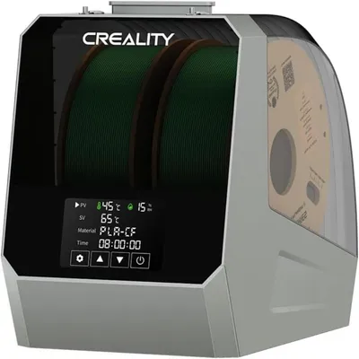 A 3D printer filament dryer box with two spools of filament inside and a digital display.