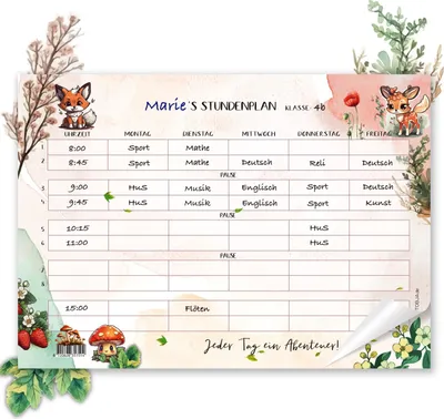 Produktbild von Süßer Stundenplan für Kinder in der Grundschule - Waldbewohner Design | Mädchen und Jungen Stundenplan 1. Klasse | 25 Seiten, 90 g/m² Papier