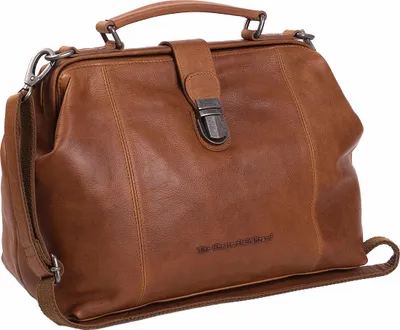 A brown leather handbag is shown against a white background.