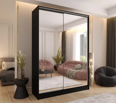 Produktbild von Schwebetürenschrank 2-türig 120x250x58 cm Schwarz mit 2 Spiegeln – Moderner Kleiderschrank für Schlafzimmer und Flur