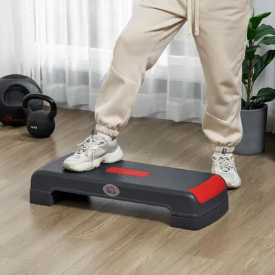 Produktbild von Aerobic Stepper höhenverstellbar, Fitness Stepper rutschfest, Cardio Step, Grau Rot | 78 x 28 x 20 cm | bis 150 kg | 3 Höhenstufen: 10/15/20 cm