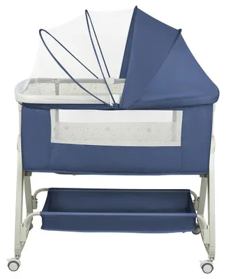 Produktbild von 4-in-1 Babybett - Beistellbett - Mit Rollen - Inkl. Matratze - Mit Moskitonetz - Höhenverstellbar 68–81 cm - Dunkelblau