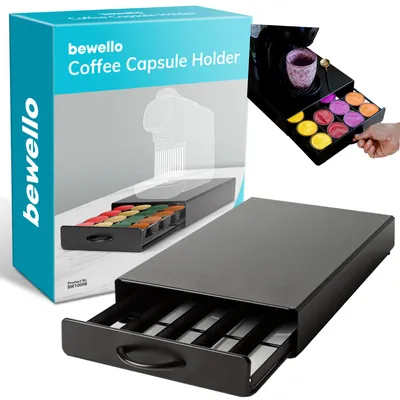 Produktbild von Kapselhalter mit Schublade Dolce Gusto – Tassenhalter für 20 Kaffeekapseln – Kapselhalter – Edelstahl – Schwarz – 300 x 240 x 70 mm