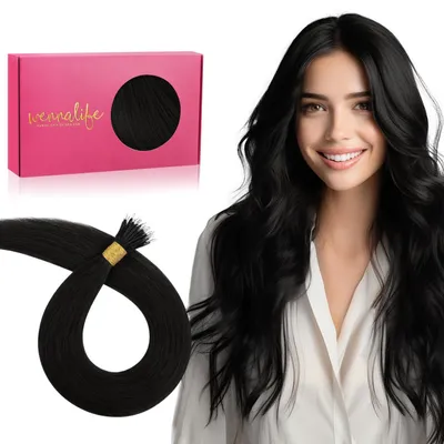 Immagine prodotto di Nanoring Extensions, capelli veri, 50 grammi, 60 cm, nero profondo, 50 ciocche