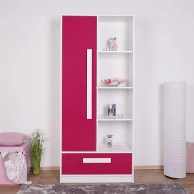 Produktbild von Kinderzimmer - Drehtürenschrank / Kleiderschrank Walter 03, Farbe: Weiß / Rosa Hochglanz - 191 x 80 x 40 cm (H x B x T)