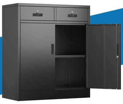 Metallschrank mit 2 Schubladen, 92 cm, abschließbar, schwarz