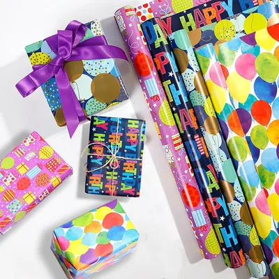 Produktbild von Geschenkpapier Set 4 Rollen 43 x 300 cm Bunt Geburtstag Babyparty Kinder Hochzeit Weihnachten