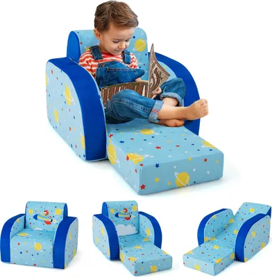 Produktbild von COSTWAY 3 in 1 Kindersofa klappbar Kindersessel Schlafsofa mit abnehmbarem Bezug (Raumschiff)