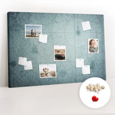 Obrázek produktu pro Korková nástěnka s kolíčky - Tabule s kolíky pro fotografie a poznámky - 120x80 cm - Připínáčky dřevěné 100 kusů - Vintage mapa