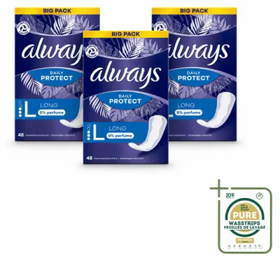 Obrázek produktu pro 3 x Absorpční vložky Always Daily Protect Long, bez parfemace - balení, 3 kusy
