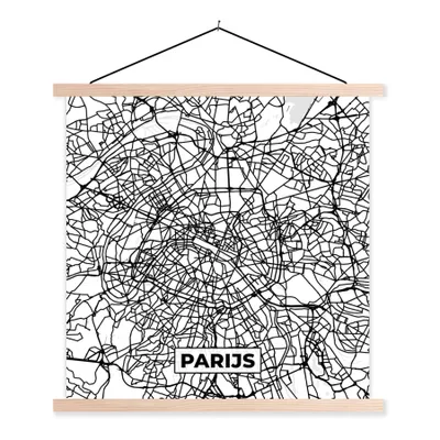 Produktbild von MuchoWow® Textilposter Stadtplan - Paris - Schwarz und weiß - Karte 120x120 cm mit holzfarbenen Rahmen - Textil-Poster