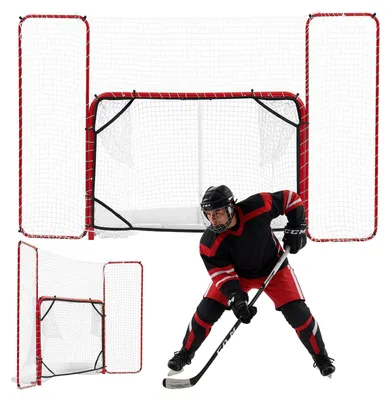 Image de But de hockey VEVOR avec filet de protection et cibles, 307 x 183 cm, idéal pour le hockey de rue. Ensemble de but de hockey en métal, blanc/rouge. Équipement d'entraînement léger et portable, avec un filet robuste pour une utilisation en intérieur et en extérieur