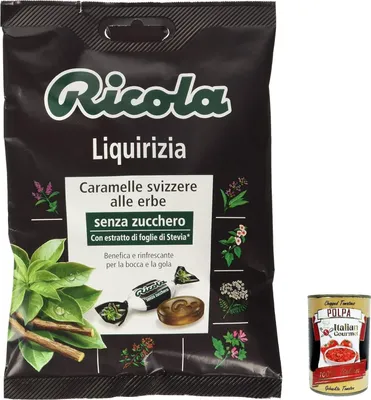 Produktbild von 12x Ricola Liquirizia bonbon Lakritze mit Anis erfrischend ohne zucker, riginal Schweizer Kräuter-Bonbons mit 13 Schweizer Alpenkräuter 70g + Italian Gourmet polpa 400g